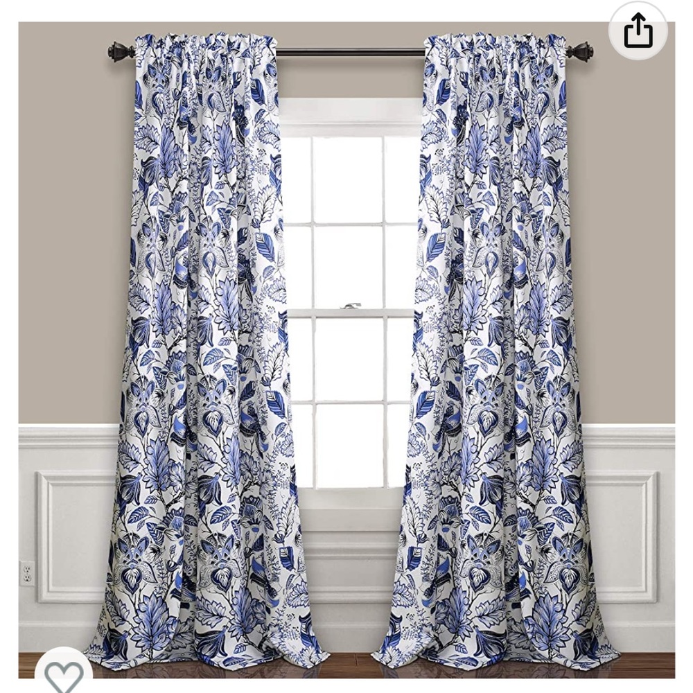 2 Curtains, Lush Decor Cynthia Jacobean Room Darkening, 84" L Panel Pair, Blue